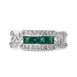 Palladium Art Deco Emerald and Single Cut Diamond Ring