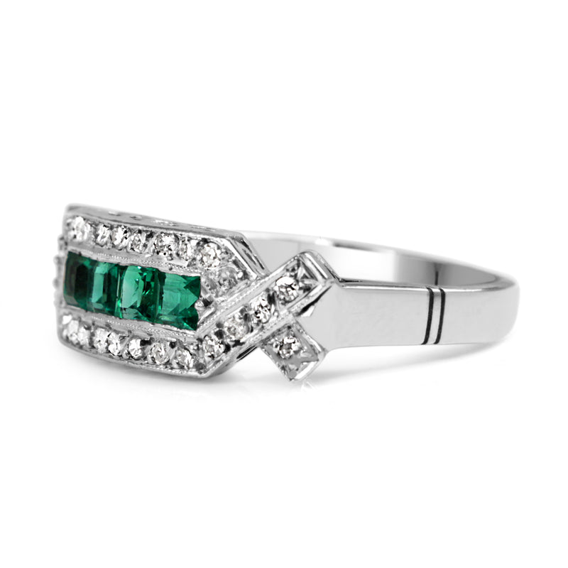 Palladium Art Deco Emerald and Single Cut Diamond Ring