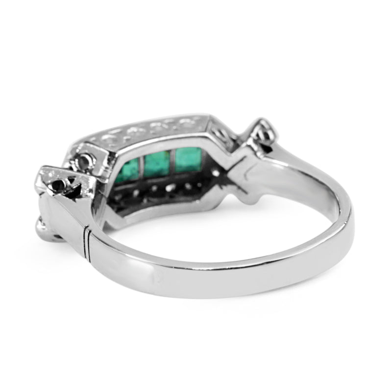 Palladium Art Deco Emerald and Single Cut Diamond Ring