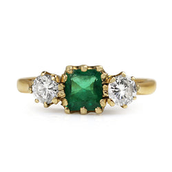 18ct Yellow Gold Emerald and Diamond 3 Stone Ring