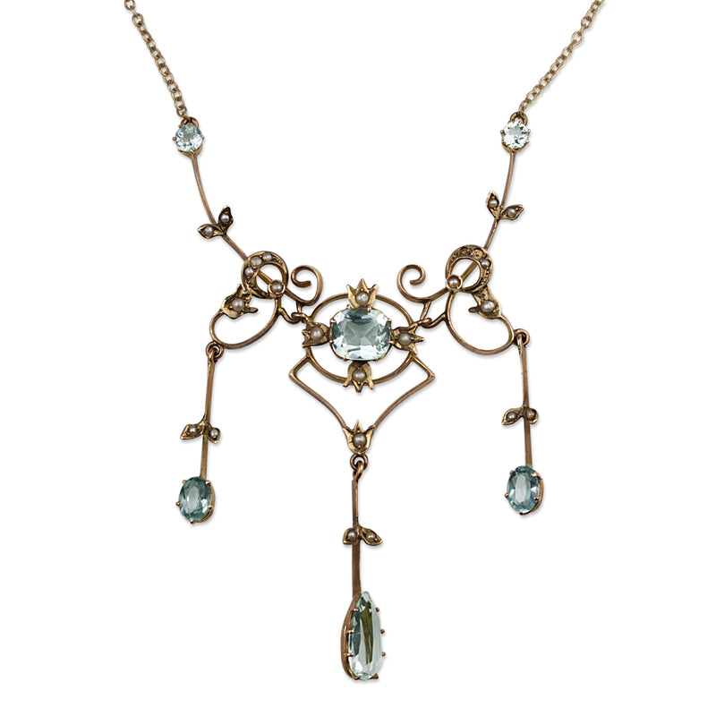 9ct Yellow Gold Victorian Aquamarine and Pearl Necklace