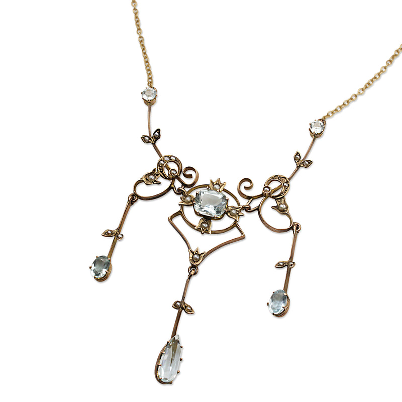 9ct Yellow Gold Victorian Aquamarine and Pearl Necklace