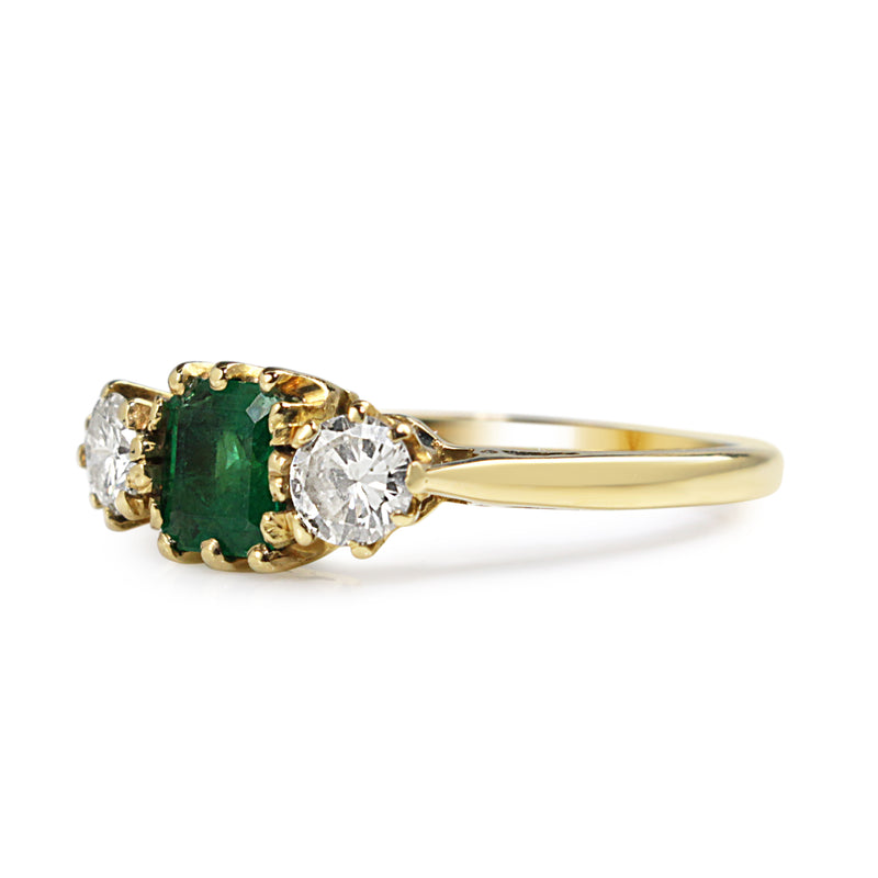 18ct Yellow Gold Emerald and Diamond 3 Stone Ring