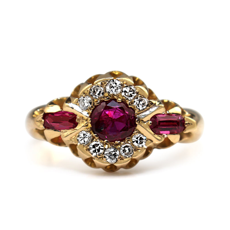 18ct Yellow Gold Antique Ruby and Single Cut Diamond Ring