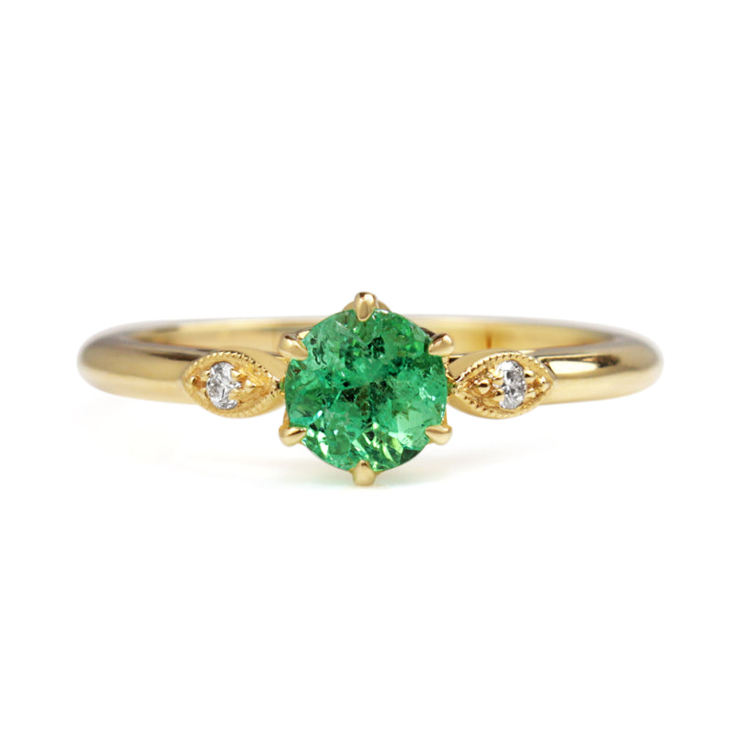 18ct Yellow Gold Emerald and Diamond Vintage Style Solitaire Ring