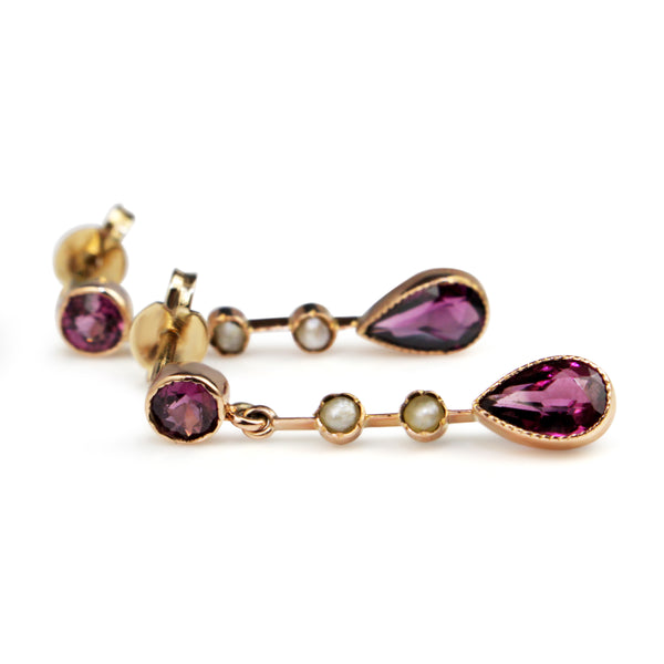 9ct Rose Gold Vintage Rhodolite Garnet and Seed Pearl Earrings