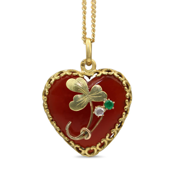 18ct Yellow Gold Vintage Agate, Emerald and Rose Cut Diamond Necklace