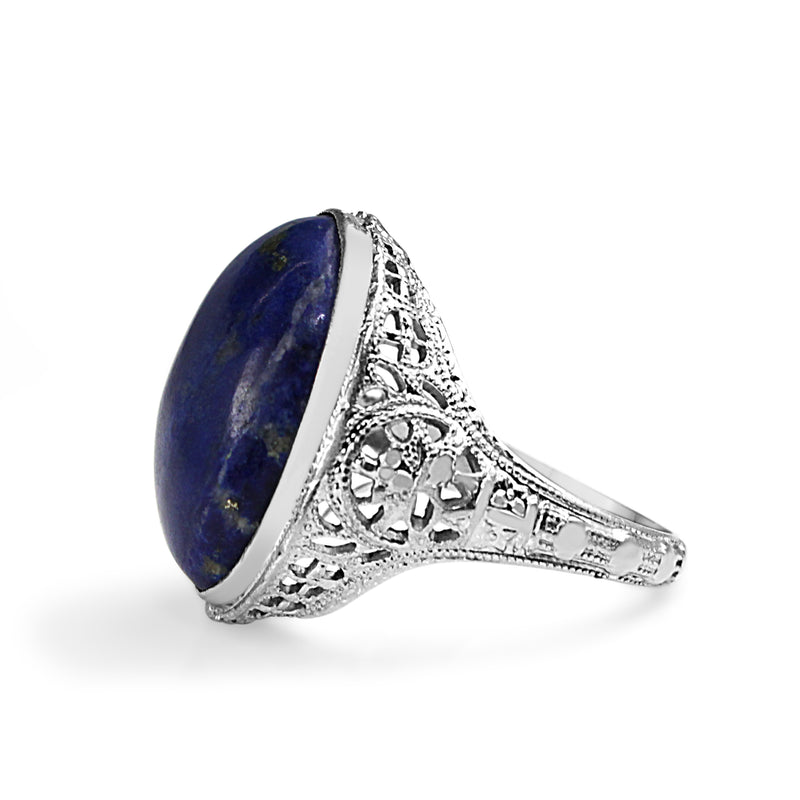 14ct White Gold 1940's Lapis Filigree Ring