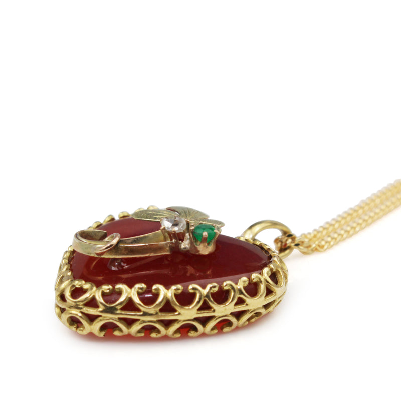 18ct Yellow Gold Vintage Agate, Emerald and Rose Cut Diamond Necklace