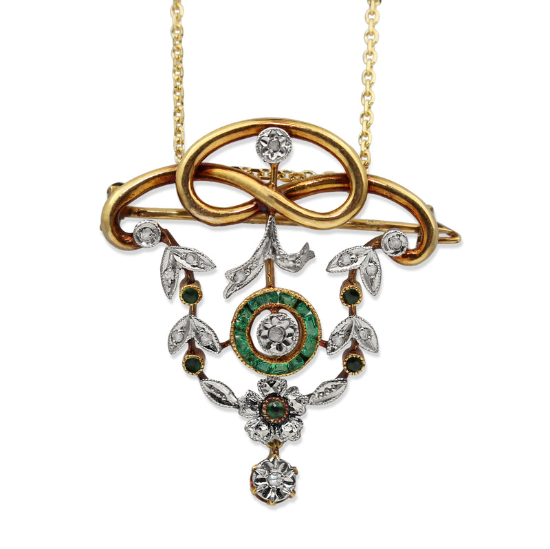 18ct Yellow and White Gold Victorian Emerald and Rose Cut Diamond Necklace / Brooch