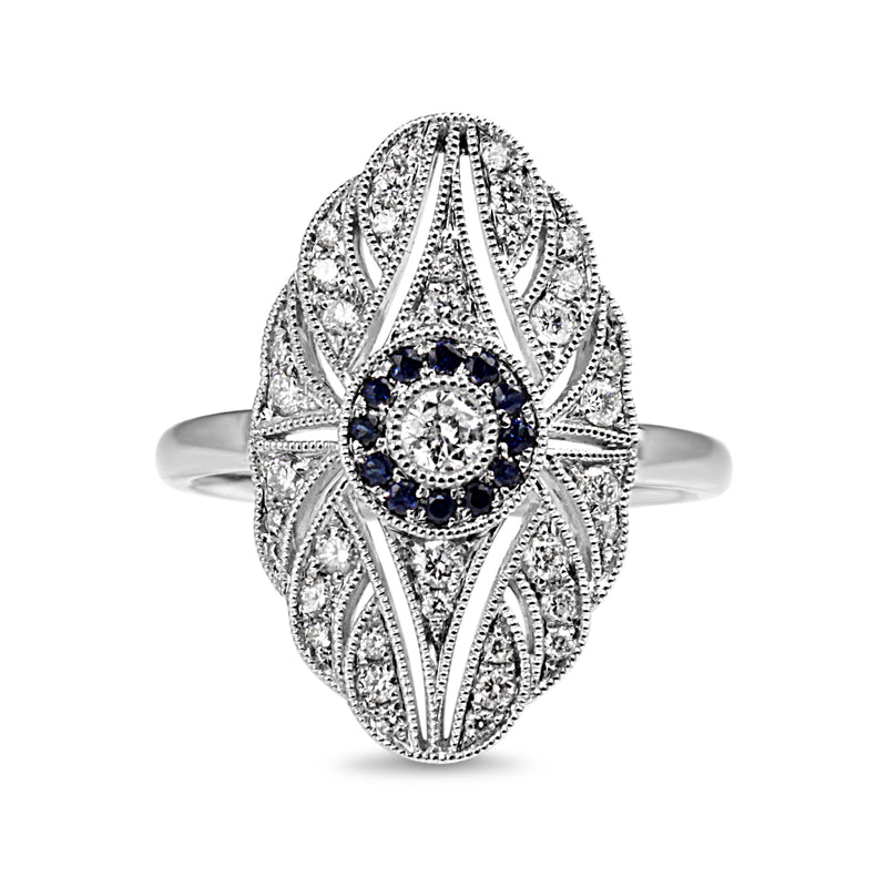 18ct White Gold Sapphire and Diamond Deco Style Ring