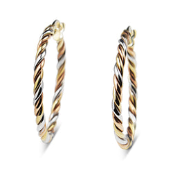 9ct Yellow, Rose and White Gold 25mm 3 Tone Twist Hoop Earrings