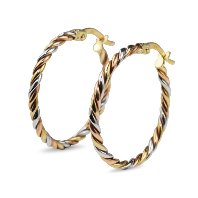 9ct Yellow, Rose and White Gold 25mm 3 Tone Twist Hoop Earrings