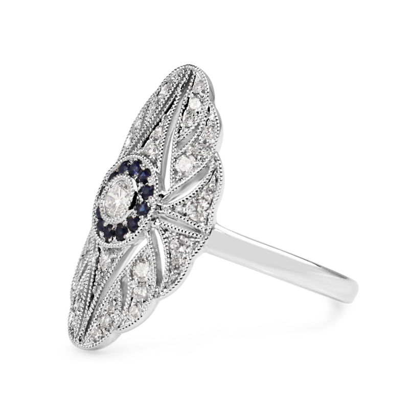 18ct White Gold Sapphire and Diamond Deco Style Ring