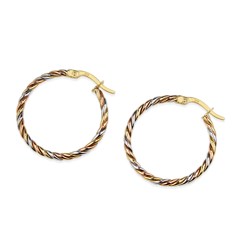 9ct Yellow, Rose and White Gold 25mm 3 Tone Twist Hoop Earrings