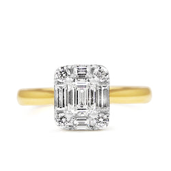 18ct Yellow and White Gold Emerald Cut Halo Diamond Ring