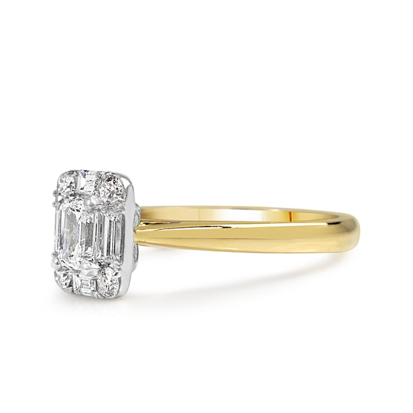 18ct Yellow and White Gold Emerald Cut Halo Diamond Ring