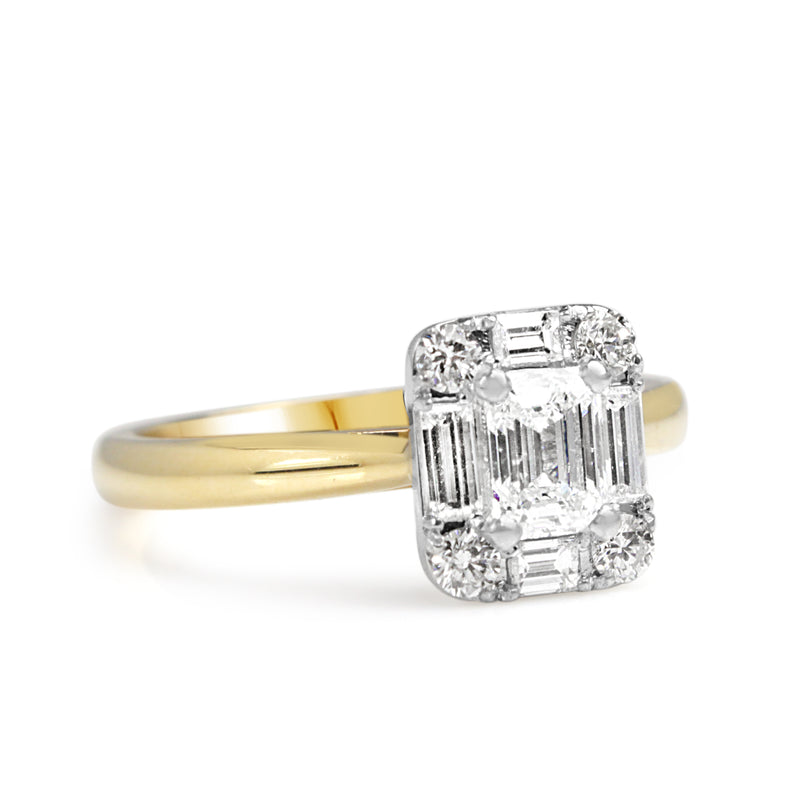 18ct Yellow and White Gold Emerald Cut Halo Diamond Ring
