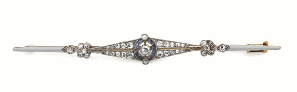 Platinum and 18ct Yellow Gold Art Deco Sapphire and Old Cut Diamond Brooch