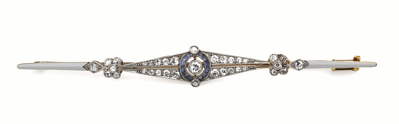 Platinum and 18ct Yellow Gold Art Deco Sapphire and Old Cut Diamond Brooch