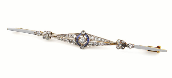 Platinum and 18ct Yellow Gold Art Deco Sapphire and Old Cut Diamond Brooch