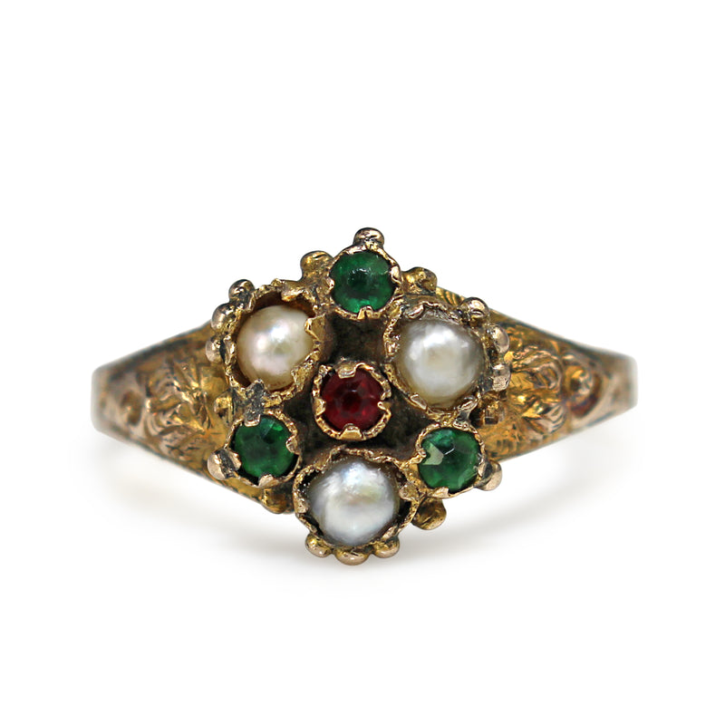 9ct Yellow Gold Antique Emerald, Ruby and Pearl Ring