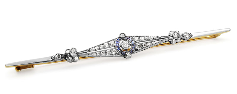 Platinum and 18ct Yellow Gold Art Deco Sapphire and Old Cut Diamond Brooch