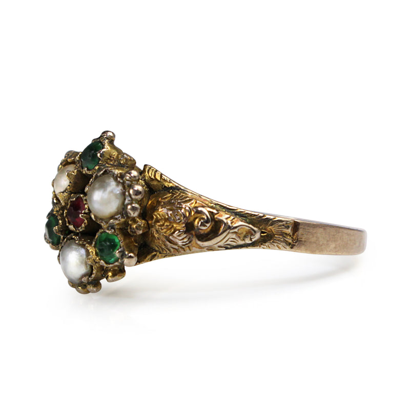 9ct Yellow Gold Antique Emerald, Ruby and Pearl Ring