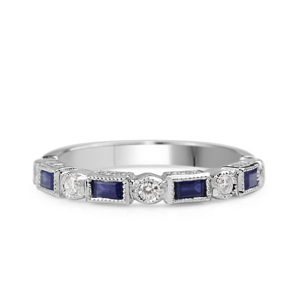9ct White Gold Sapphire and Diamond Deco Style Band Ring