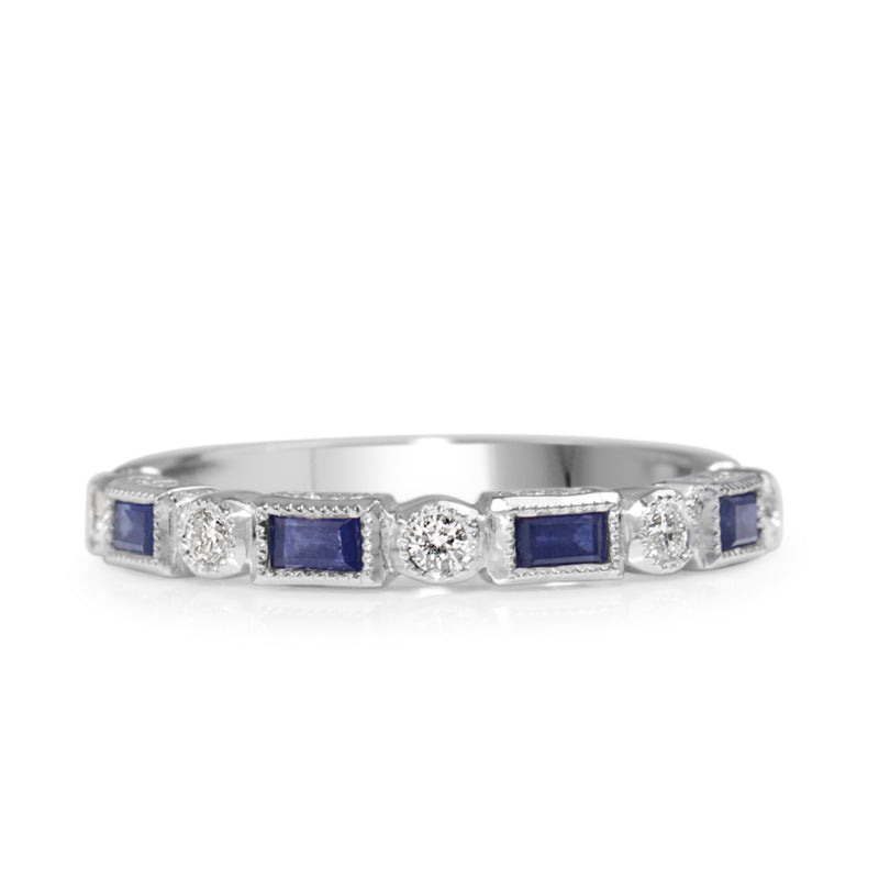 9ct White Gold Sapphire and Diamond Deco Style Band Ring