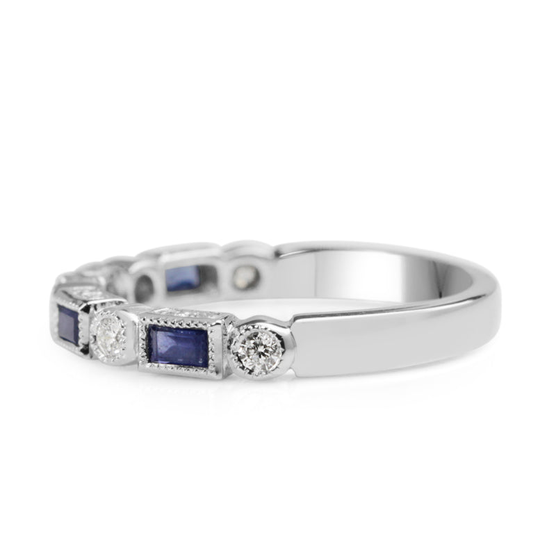 9ct White Gold Sapphire and Diamond Deco Style Band Ring