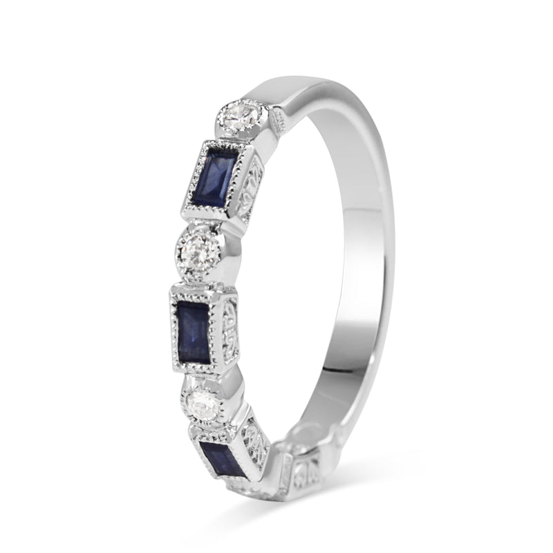 9ct White Gold Sapphire and Diamond Deco Style Band Ring