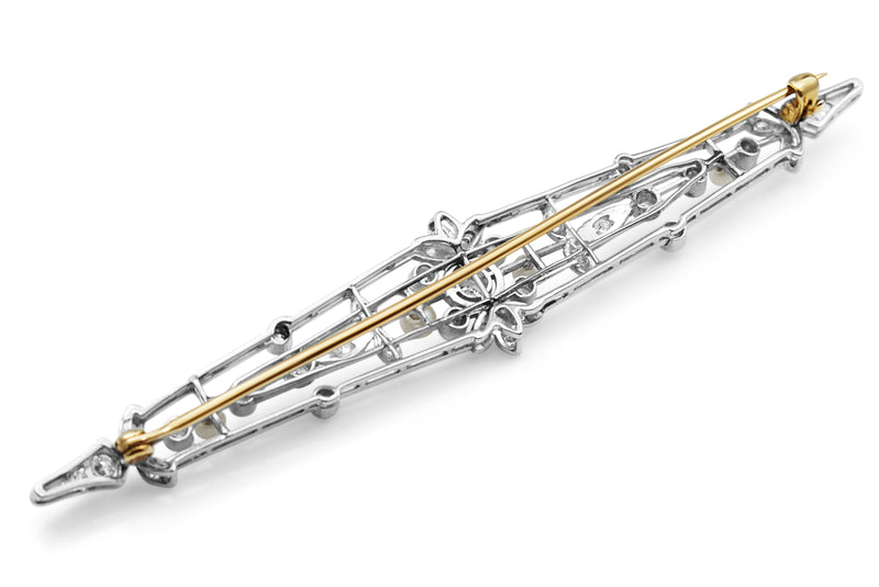 18ct Yellow Gold and Platinum Edwardian Old Cut Diamond and Pearl Bar Brooch