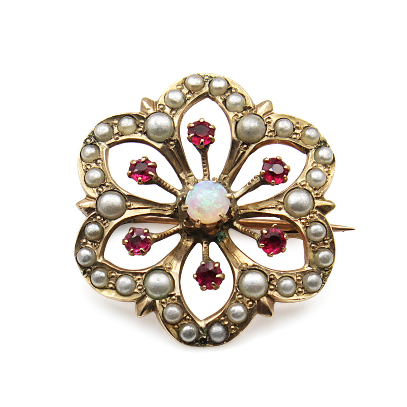 10ct Antique Opal, Ruby and Pearl Floral Brooch