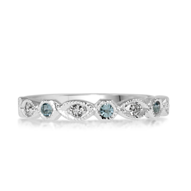 9ct White Gold Aquamarine and Diamond Vintage Style Band Ring