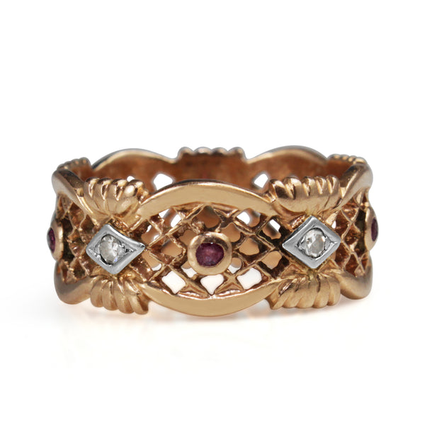 14ct Rose Gold Ruby and Single Cut Diamond Filigree Band Ring