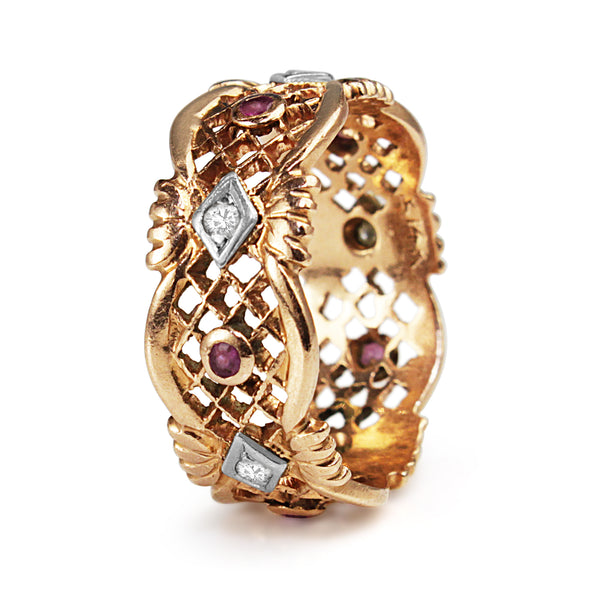 14ct Rose Gold Ruby and Single Cut Diamond Filigree Band Ring