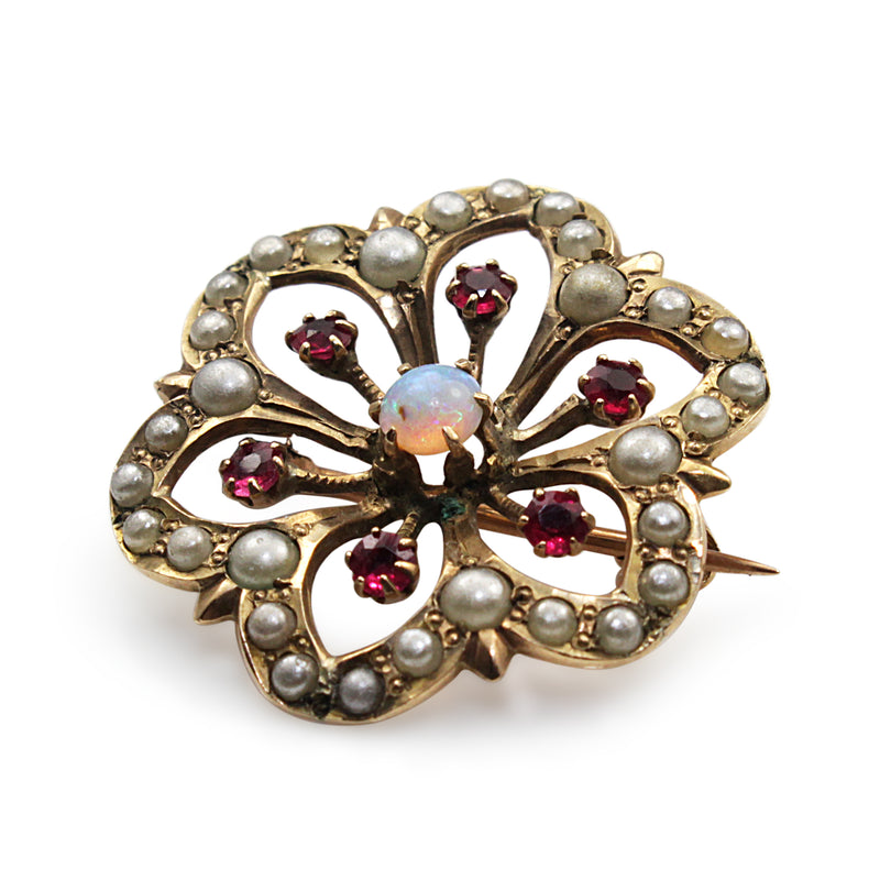 10ct Antique Opal, Ruby and Pearl Floral Brooch
