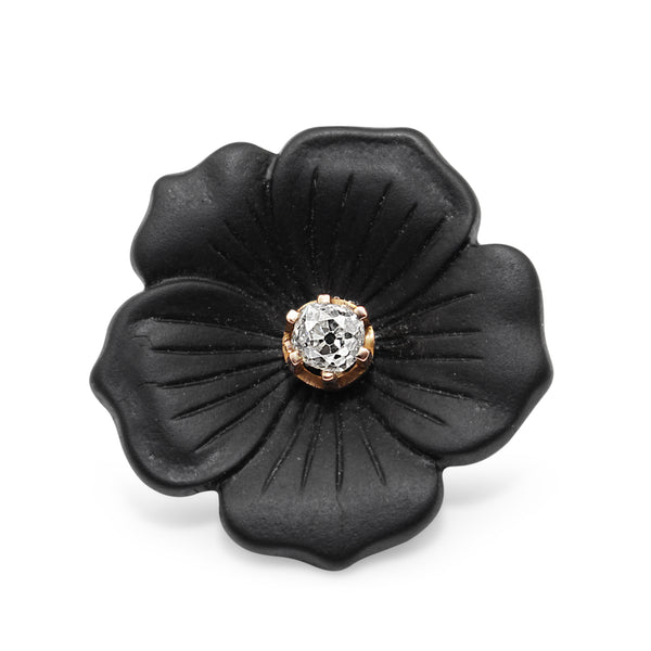 18ct Yellow Gold Deco Onyx and Old Cut Diamond Flower Brooch