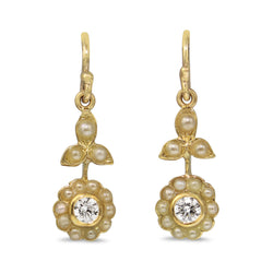 18ct Yellow Gold Victorian Style Pearl and Diamond Floral Daisy Earrings