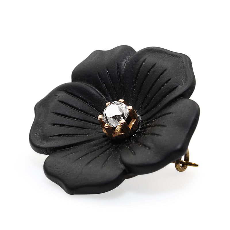 18ct Yellow Gold Deco Onyx and Old Cut Diamond Flower Brooch