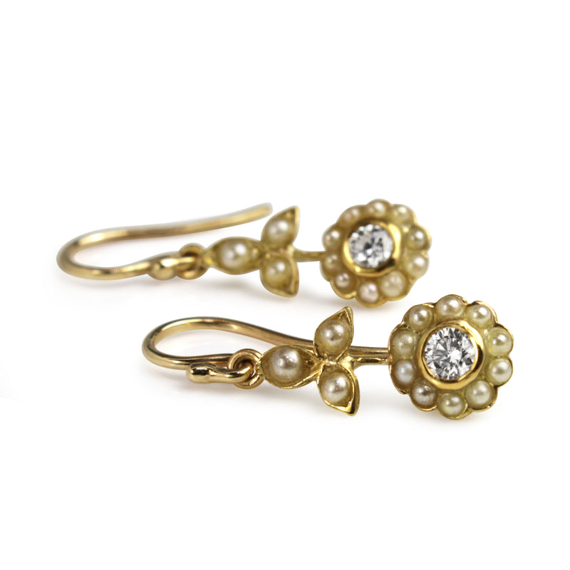18ct Yellow Gold Victorian Style Pearl and Diamond Floral Daisy Earrings