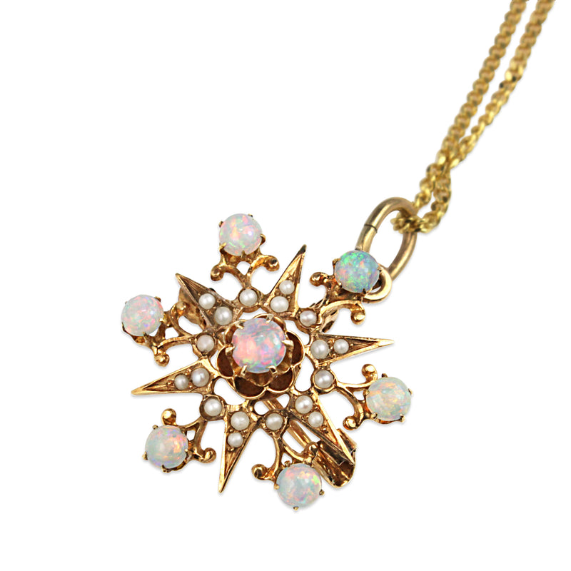 15ct Rose and Yellow Gold Antique Opal and Seed Pearl Brooch / Necklace