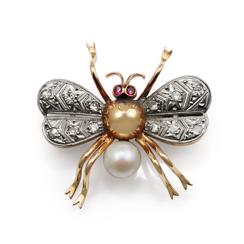 14ct Rose Gold Art Deco Pearl, Ruby and Single Cut Diamond Bee / Bug Brooch