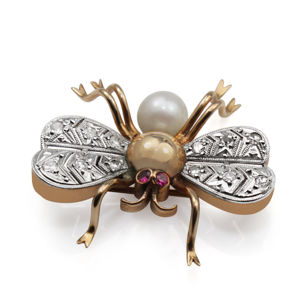 14ct Rose Gold Art Deco Pearl, Ruby and Single Cut Diamond Bee / Bug Brooch