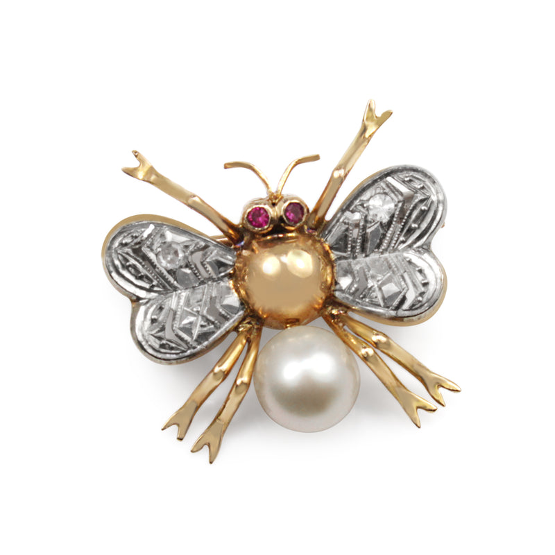 14ct Rose Gold Art Deco Pearl, Ruby and Single Cut Diamond Bee / Bug Brooch