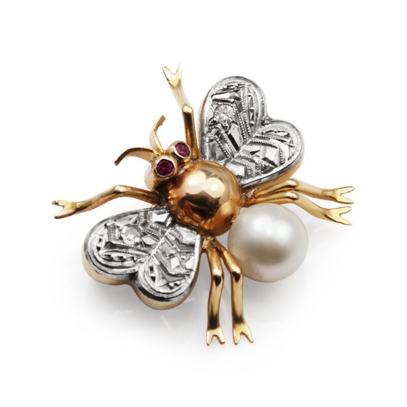 14ct Rose Gold Art Deco Pearl, Ruby and Single Cut Diamond Bee / Bug Brooch