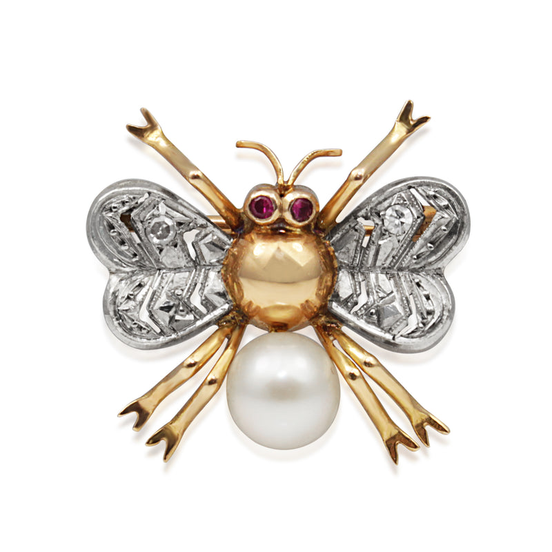 14ct Rose Gold Art Deco Pearl, Ruby and Single Cut Diamond Bee / Bug Brooch