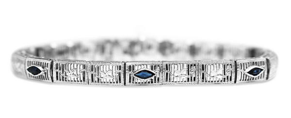 10ct White Gold Vintage Filigree Synthetic Sapphire Bracelet