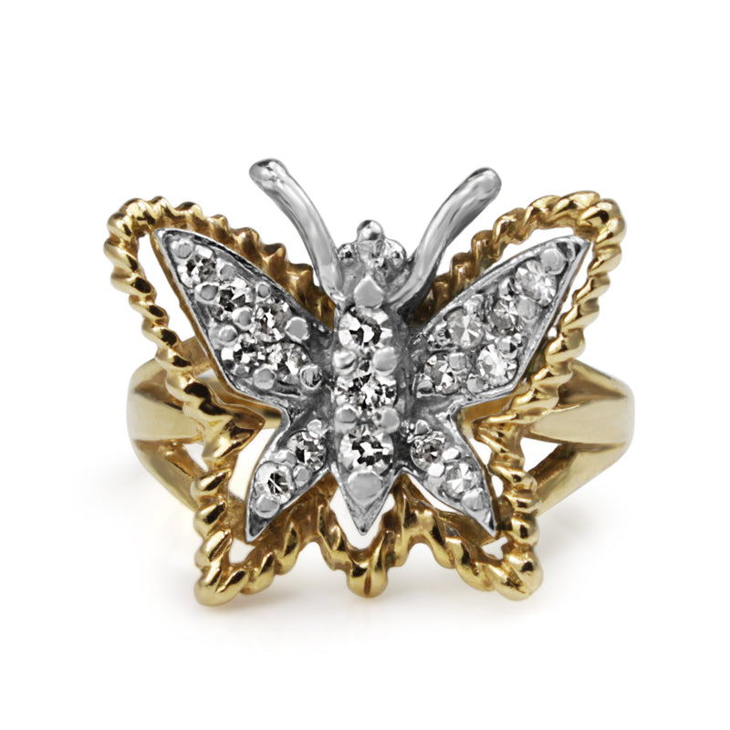 14ct Yellow and White Gold Single Cut Diamond Butterfly Ring